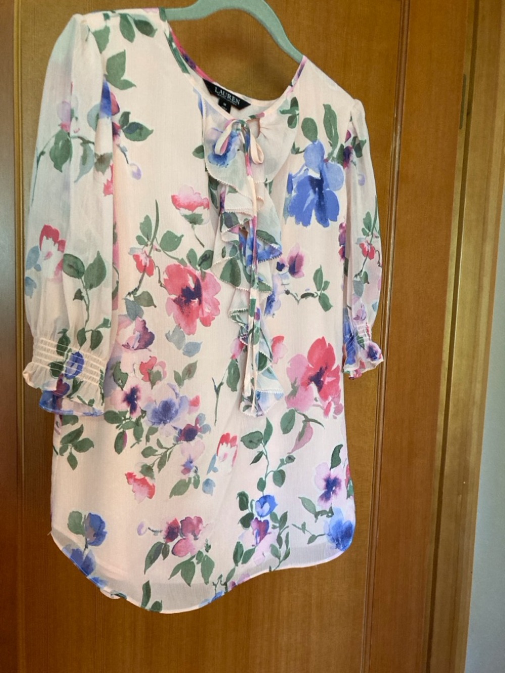 Lauren Ralph Lauren Pink Floral Tie-Neck Blouse Size M